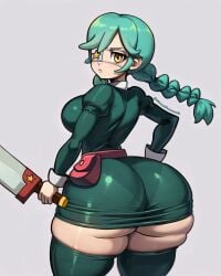 ai_assisted annie_(skullgirls) big_ass big_breasts cyan_hair eye_patch huge_ass looking_back monkechrome ponytail simple_background skullgirls