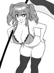 :d bikini breasts bright_pupils cleavage commentary female greyscale hair_bobbles hair_ornament high_contrast holding holding_scythe huge_breasts komachi_onozuka medium_breasts monochrome navel onkn_sxkn onozuka_komachi open_mouth scythe sidelocks simple_background smile solo swimsuit thighhighs touhou