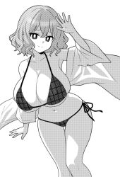 bikini breasts bright_pupils cleavage closed_mouth commentary_request detached_sleeves female greyscale huge_breasts kazami_yuuka looking_at_viewer monochrome navel onkn_sxkn plaid plaid_bikini short_hair smile solo swimsuit touhou wide_sleeves yuka_kazami yuuka_kazami