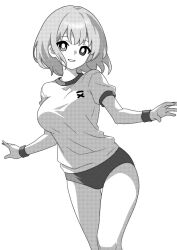 alternate_costume breasts buruma commentary feet_out_of_frame female greyscale gym_shirt gym_uniform hair_between_eyes heterochromia kogasa_tatara large_breasts looking_at_viewer monochrome onkn_sxkn open_mouth shirt short_hair short_sleeves simple_background smile solo tatara_kogasa touhou white_background