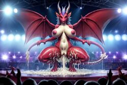 ai_generated big_breasts concert cum_gushing cum_in_pussy cum_inside cum_on_ground cum_on_lower_body dragon excessive_cum exhibition horns public red_body stage wings