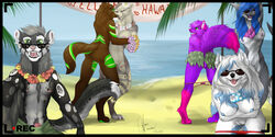 anthro beach bent_over breasts bulge canine clothed clothing excitedcargoyle eyewear fangs female fish group humanoid_penis looking_at_viewer male mammal marine mustelid nipples nude open_mouth otter outside panties panties_down penis pubes pussy seaside shark smile standing sunglasses teeth topless underwear zumjakal