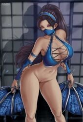 1girls 2022 2d artist_logo big_breasts black_hair blue_mask breasts cleavage curvy_female edenian female female_only flowerxl kitana kitana_(mk9) large_breasts light-skinned_female light_skin mask mortal_kombat mortal_kombat_(2011) no_underwear pussy solo solo_female solo_focus thick_thighs tiara video_game_character wide_hips yellow_eyes