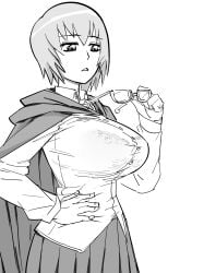 1girls alternate_breast_size bb_(baalbuddy) big_breasts bra breasts busty cloak glasses greyscale hand_on_own_hip highres large_breasts monochrome parted_lips pose posing school_uniform see-through sensual short_hair skirt solo tabitha underwear zero_no_tsukaima