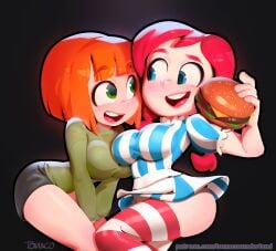 2girls blue_eyes breasts burger cute dress fast_food food green_eyes holding_object leaning_forward long_sleeves looking_at_another mcdonald's mom_(japanese_mcdonald's_commercial) orange_hair red_hair shorts smile stockings tagme tomaco_sunderland wendy's wendy_thomas wide_hips yoru_mac