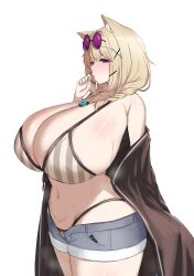 1girls alternate_breast_size animal_ears arknights bikini blonde_hair blush braid breasts condom_wrapper female gigantic_breasts huge_breasts jacket large_breasts looking_at_viewer navel noe_(ppppriver) pendant ppppriver purple_eyes shorts solo sunglasses sunglasses_on_head swimsuit utage_(arknights) utage_(summer_flowers)_(arknights)