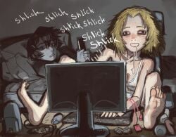 1boy barefoot black_eyes blonde_hair bloodshot_eyes breasts camisole coomer dildo doomer_boy drooling eye_bags feet female genderswap genderswap_(mtf) gooning highres implied_masturbation keyboard_(computer) long_toenails messy_hair monitor mossa mouse_(computer) on_bed original porn_addict relatable rule_63 sex_toy small_breasts soles speaker spread_legs toenails twinkjak vibrator_cord white_camisole wojak wojak_comics