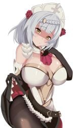 1girls babycastella5 big_breasts big_thighs blush breasts busty clothed clothed_female clothing elbow_gloves female genshin_impact huge_breasts huge_thighs large_breasts large_thighs noelle_(genshin_impact) pantyhose thick_thighs thighs voluptuous white_background