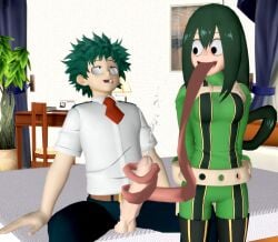 1boy 1boy1girl 1girls 3d asui_tsuyu asui_tsuyu_(hero_outfit) balls bed bedroom big_balls big_penis boku_no_hero_academia clothed clothing cum cumshot eyes_rolling_back female green_eyes green_hair hero_outfit_(mha) huge_cock huge_penis hyper_penis izuku_midoriya large_penis light_skin long_hair long_penis long_tongue looking_pleasured male male/female messy_hair midoriya_izuku my_hero_academia penis penis_out pleasure_face testicles tongue tongue_out tonguejob tsuyu_asui tsuyu_asui_(hero_outfit) u.a._school_uniform very_long_tongue xnalara