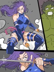 big_breasts brown_eyes female fighting_stance green_skin holding_weapon hulk hulk_(series) katana leather_clothing long_hair male marvel marvel_comics mr.z psylocke purple_hair shiny smoke x-men