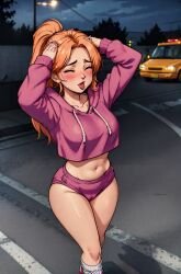 1girls ai_generated cameltoe closed_eyes crop_top female hands_on_head hoodie long_hair night orange_hair outdoors outside tokyo_revengers tongue yuzuha_shiba