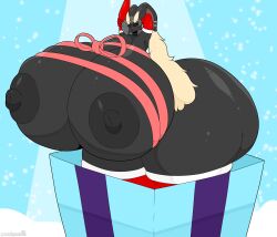 anthro armpits ass_bigger_than_head box breasts_bigger_than_head christmas christmas_present christmas_present_clothes dumptruck_ass female female_only huge_ass huge_breasts hyper hyper_ass hyper_breasts lagomorph lopunny nude oc oc_only pokémon_(species) pokemon pokemon_(species) rubi_(stemingbunbun) stemingbunbun