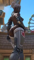 1girls 3d ass augmented_body big_ass blue_eyes breasts butt_crack cddvl dark-skinned_female dark_skin exposed_ass exposed_breasts exposed_shoulders female female_only girl glowing_eyes looking_at_viewer looking_back looking_down looking_down_at_viewer milf overwatch overwatch_2 pants ponytail robotic_arm robotic_legs robotic_limb showing_ass showing_off sideboob sojourn_(overwatch) solo variant_set white_hair