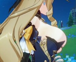 1boy 1girls 3d armwear artist_request blonde_female blonde_hair blonde_hair_female breasts earrings female genshin_impact hoyoverse huge_breasts male mod navia_(genshin_impact) neuvillette_(genshin_impact) side_view sideboob