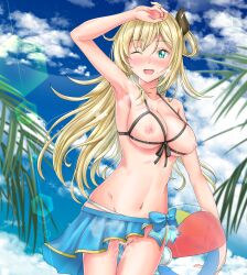 absurdres after_sex armpits ayasaki_(711733) ball beachball bikini blonde_hair breasts cloud cum cum_in_pussy cupless_bikini duel_monster female green_eyes heavy_breathing highres holding holding_ball holding_beachball lactation large_breasts looking_at_viewer navel nipples outdoors palm_tree pussy sky_striker_ace_-_raye smile solo standing sun_glare swimsuit tree yu-gi-oh!