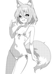 :3 adult animal_ear_fluff animal_ears bikini commentary cowboy_shot cute_fang female fox fox_ears fox_girl fox_shadow_puppet fox_tail front-tie_bikini_top front-tie_top greyscale groin kudamaki_tsukasa looking_at_viewer monochrome navel oerba_yun_fang onkn_sxkn open_mouth petite short_hair side-tie_bikini_bottom simple_background small_breasts smile solo swimsuit tail touhou white_background