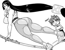 1boy absurdres ass ass_focus bb_(baalbuddy) big_ass blush breasts chaldea_uniform cube_hair_ornament curvy english_text facing_to_the_side fate/grand_order fate_(series) female fujimaru_ritsuka_(male) greyscale hair_ornament highres holding holding_sword holding_weapon huge_ass huge_breasts large_breasts long_hair looking_at_viewer looking_back minamoto_no_raikou_(fate) minamoto_no_raikou_(fate/grand_order) monochrome pants ponytail riyo_(lyomsnpmp)_(style) sheath sheathed sideboob simple_background sports_bra sword thick_thighs thighs very_long_hair weapon white_background wide_hips yoga_pants