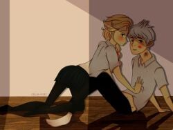 1boy 1girls blonde_hair blush caught crossover crossover_pairing disney dreamworks elsa elsa_(frozen) female frozen_(film) jack_frost jack_frost_(rise_of_the_guardians) kiss_mark kissing lipstick lipstick_mark_on_face male male/female on_floor on_knees paramount_pictures pushing_down red_lipstick rise_of_the_guardians short_skirt white_hair