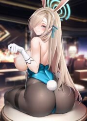 ass asuna_(blue_archive) asuna_(bunny)_(blue_archive) black_pantyhose blonde_hair blue_archive blush bunny_ears bunny_girl bunny_tail bunnysuit cleavage feet footwear hair_over_one_eye happy huge_ass large_breasts light_brown_hair long_hair looking_at_viewer millennium_science_school_student nipples oni-noboru pantyhose playboy_bunny solo_focus spread_legs thick_thighs thighs wide_hips