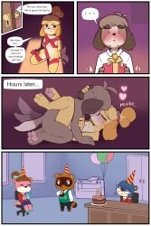 absurd_res animal_crossing anthro birthday blood blush bodily_fluids bound brother brother_and_sister canid canine canis clothing comic digby_(animal_crossing) domestic_dog duo english_text female from_front_position heart hi_res incest isabelle_(animal_crossing) kissing lottie_(animal_crossing) lying male male/female mammal missionary_position nintendo nosebleed nude on_back pawpads porldraws sex shih_tzu sibling sister speech_bubble tail tail_motion tailwag text tom_nook toy_dog twincest twins wrapped_up