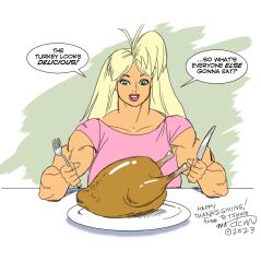 biceps big_breasts big_muscles blonde_hair breasts christmas dcmatthews female food hair huge_breasts large_breasts large_muscles long_hair muscles muscular_arms muscular_female tetsuko thanksgiving turkey