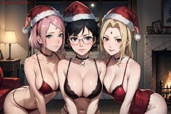 3girls adult ai_generated artist_name big_breasts black_eyes black_hair blush boruto:_naruto_next_generations boruto:_two_blue_vortex bra breasts chimney choker christmas cleavage collar collarbone couch earrings eyewear female female_only glasses headwear huge_breasts indoors jewelry large_breasts leotard lingerie living_room long_hair looking_at_viewer mature mature_female midriff milf mother_and_daughter multiple_girls nai_diffusion naruto naruto_(series) naruto_shippuden older_female panties patreon_username sakura_haruno santa_hat sarada_uchiha short_hair stable_diffusion teacher_and_student teenager temptart tsunade uchiha_symbol url watermark web_address window younger_female