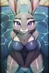 ai_generated anthro arms_crossed blue_swimsuit blush breast_squish breasts bunny_girl cleavage disney female grey_fur halfaslime heart_eyes judy_hopps large_breasts looking_at_viewer sitting_in_pool smiling solo water