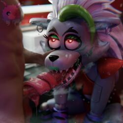 1:1 3d 3d_(artwork) animatronic athletic_female bodily_fluids bugafterdark canid canine canis clothing cum_inside digital_media_(artwork) duo ear_piercing fellatio female five_nights_at_freddy's five_nights_at_freddy's:_security_breach fur genital_fluids genitals glowing_eyes green_hair green_lips hair hi_res human human_penetrating humanoid light-skinned_male lips long_tongue machine male male/female mammal oral piercing robot robot_girl roxanne_wolf_(fnaf) saliva saliva_string scottgames sex steel_wool_studios tongue tongue_out tongue_wrap tonguejob white_hair wolf