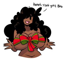 1girls beauty_mark big_hair black_hair breasts bro_(murgoten) dark-skinned_female dark_skin female female_only hair_over_one_eye huge_breasts long_hair murgoten ribbon ribbon_bra smile solo text tomboy upper_body white_background