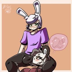 animal_humanoid anthro blush bulge_in_face bulge_worship clothing duo ear_piercing felid feline female heart_symbol hi_res humanoid kai_(bosstones) lagomorph lagomorph_humanoid leggings legwear leopardus leporid leporid_humanoid male male/female mammal mammal_humanoid noahghostfac3 ocelot piercing rabbit rabbit_humanoid shirt t-shirt thought_bubble topwear yvette_(kilinah)