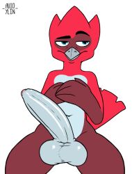 angry anthro avian avio_(avioylin) avioylin balls beak feathers foreskin genitals half-erect humanoid_genitalia humanoid_penis long_penis male male_only nude penis red_body red_feathers simple_background sitting solo thick_thighs