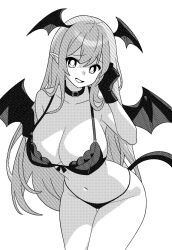 belt_collar bra breasts bright_pupils cleavage collar commentary cowboy_shot demon_girl demon_tail demon_wings female gloves greyscale hair_between_eyes head_wings huge_breasts koakuma leaning_forward long_bangs long_hair looking_at_viewer monochrome navel onkn_sxkn open_mouth panties pointy_ears sideboob simple_background smile solo stomach tail thigh_gap touhou underwear underwear_only wings