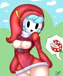 ! 1girls 1other 2017 areola belt blue_hair bottomless breasts clothing cloud coat detailed_background female female_focus flora_fauna highres hill hood humanoid marbearis mario_(series) mask nintendo nipples no_underwear offscreen_character piranha_plant plant pussy shy_gal signature solo_focus standing super_mario_bros. teeth tongue tongue_out wide_hips