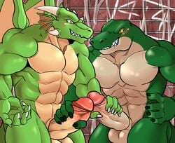 2017 abs alternate_version_available anthro balls biceps blush blushing claws crocodile crocodilian dragon duo eye_contact fin frottage hand_on_penis horn male mayar muscular muscular_male nails navel nude pecs penis reptile romantic_couple scalie sex smile spikes teeth underax wings yaoi