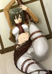 abs arms_up ass attack_on_titan belt black_eyes black_hair boots breasts clothing female flexible footwear huge_ass isse large_breasts leg_lift medium_breasts mikasa_ackerman muscle muscular_female paradis_military_uniform scarf shingeki_no_kyojin short_hair skin_tight solo thick_thighs thighs wide_hips