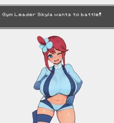 big_breasts breast_expansion mini_comic monkechrome monochrome_ai pokemon red_hair simple_background skyla_(pokemon) text white_background