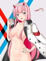 1girls breasts cleavage convenient_censoring darling_in_the_franxx female female_only hair_censor hair_covering_breasts hair_over_breasts long_hair looking_at_viewer nude pink_hair ppshex solo very_long_hair zero_two_(darling_in_the_franxx)