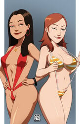 2girls belly blue_background breasts brown_hair cameltoe chrisitina_(unsupervised) cleavage covered_breasts danielle_(unsupervised) dark-skinned_female dark_skin earrings female female_only high_resolution hips large_breasts legs long_hair multiple_girls naavs navel necklace pale_skin swimsuit thighs unsupervised white_background