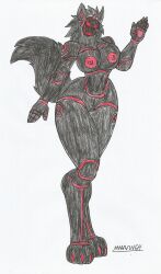 anthro big_breasts big_hips black_body black_fur cybernetics female_only furry marlon64 protogen red_eyes red_light red_nipples traditional_drawing_(artwork) white_background