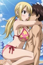 beach_sex bikini breasts lucy_heartfilia omega_weirdo on_top open_mouth