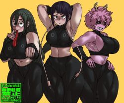 3girls armpits big_breasts black_hair female female_only green_hair kyoka_jiro large_breasts long_hair mina_ashido my_hero_academia navel open_mouth pink_body pink_hair pink_skin shosho_oekaki thick_thighs thighs tongue tongue_out tsuyu_asui wide_hips yellow_eyes