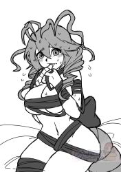 1girls antenna_hair bed_sheet black_and_white cajita completely_nude female female_only funamusea gift_wrapped huge_breasts lobco lobster_girl lobster_tail monochrome nude nude_female solo solo_female sweat wadanohara_and_the_great_blue_sea