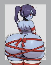 ai_assisted ass ass_body big_ass bottom_heavy bubble_butt christmas dat_ass embarrassed fat_ass hair_over_one_eye huge_ass looking_at_viewer looking_back monkechrome monochrome_ai pear-shaped_figure pear_shaped pear_shaped_female present simple_background skullgirls squigly tagme thighhighs