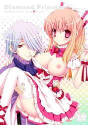 1boy 1girls blush breasts_out bridal_carry carrying carrying_partner cleavage crowe_(sugar-berry-syrup) detached_collar doujin_cover female frills hair_over_one_eye hair_ribbon kuroe_(sugarberry) lolita_fashion long_hair looking_at_viewer male master_and_servant medium_breasts neck_ribbon pandora_hearts pink_eyes pink_hair sharon_rainsworth smile strawberry_blonde_hair thighhighs white_legwear white_thighhighs xerxes_break