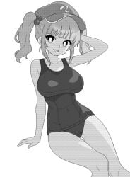 ass_visible_through_thighs bare_arms bare_legs bare_shoulders blunt_bangs breasts collarbone commentary covered_navel feet_out_of_frame female flat_cap greyscale hair_bobbles hair_ornament hat kawashiro_nitori medium_breasts medium_hair monochrome nitori_kawashiro one-piece_swimsuit onkn_sxkn open_mouth school_swimsuit simple_background sitting smile solo swimsuit thigh_gap touhou two_side_up white_background