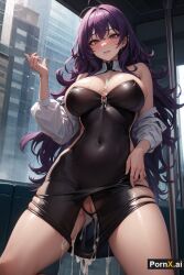 ai_generated bare_shoulders cum cum_drip cum_in_pussy cum_on_body cum_on_breasts cum_on_dress large_breasts light-skinned_female light_skin long_hair looking_at_viewer navel no_bra no_panties pornx.ai purple_eyes purple_hair strapless_dress