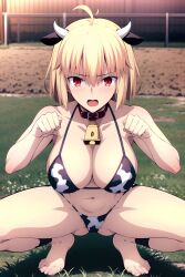 1girls ai_generated arcueid_brunestud bikini blonde_hair collar cow_costume cow_print cow_print_bikini day facing_viewer fate/grand_order fate_(series) female full_body horns large_breasts looking_at_viewer male_pov nai_diffusion outdoors pov red_eyes short_hair solo squatting stable_diffusion tsukihime