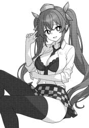 :d between_breasts bra breasts bright_pupils checkered_clothes checkered_skirt cleavage collared_shirt commentary female greyscale hat hatate_himekaidou himekaidou_hatate large_breasts long_hair long_sleeves looking_at_viewer miniskirt monochrome navel necktie necktie_between_breasts onkn_sxkn open_clothes open_mouth open_shirt pointy_ears shirt sidelocks simple_background skirt smile solo thighhighs tokin_hat touhou twintails underwear zettai_ryouiki