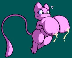 amphlow big_breasts bodily_fluids breasts digital_media_(artwork) female feral flygon_(artist) generation_1_pokemon green_eyes huge_breasts hyper hyper_breasts lactating legendary_pokemon looking_at_breasts mew_(pokemon) milk nintendo pink_body pixel_(artwork) pokemon pokemon_(species) solo surprised_expression