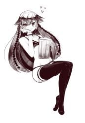 1girls alcohol alice_(pandora_hearts) beer_mug boa_(brianoa) bra braids drunk female female_only flat_chest full_body gloves lingerie long_hair monochrome pandora_hearts panties smile solo thighhighs twin_braids